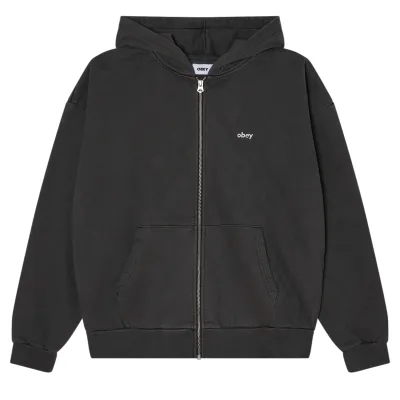 Front View Of OBEY Lowercase Pigment Zip Hoodie In Digital Black.