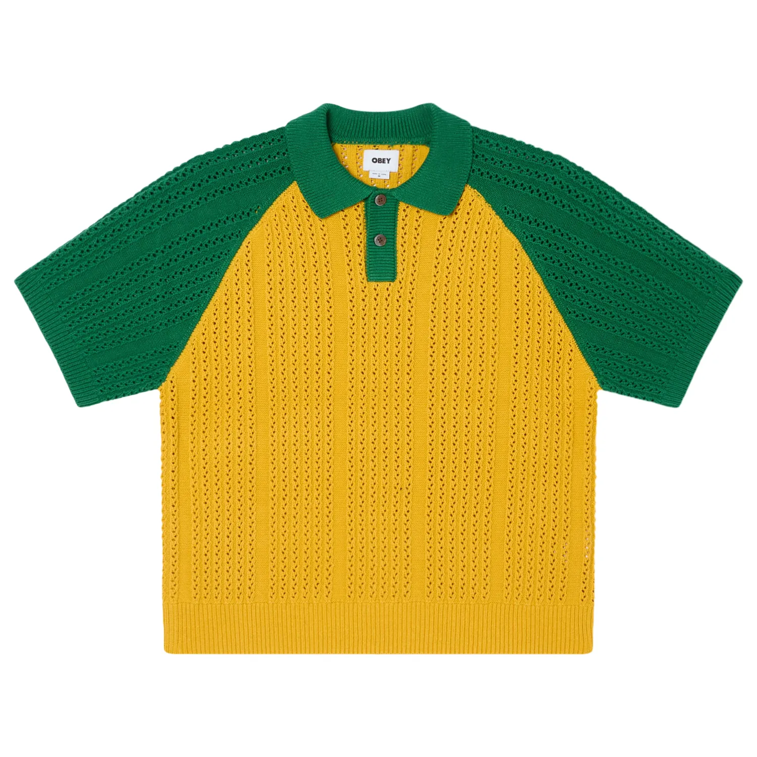 Front View Of OBEY Abel Polo Sweater In Mustard Multi.