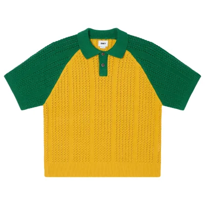 Front View Of OBEY Abel Polo Sweater In Mustard Multi.