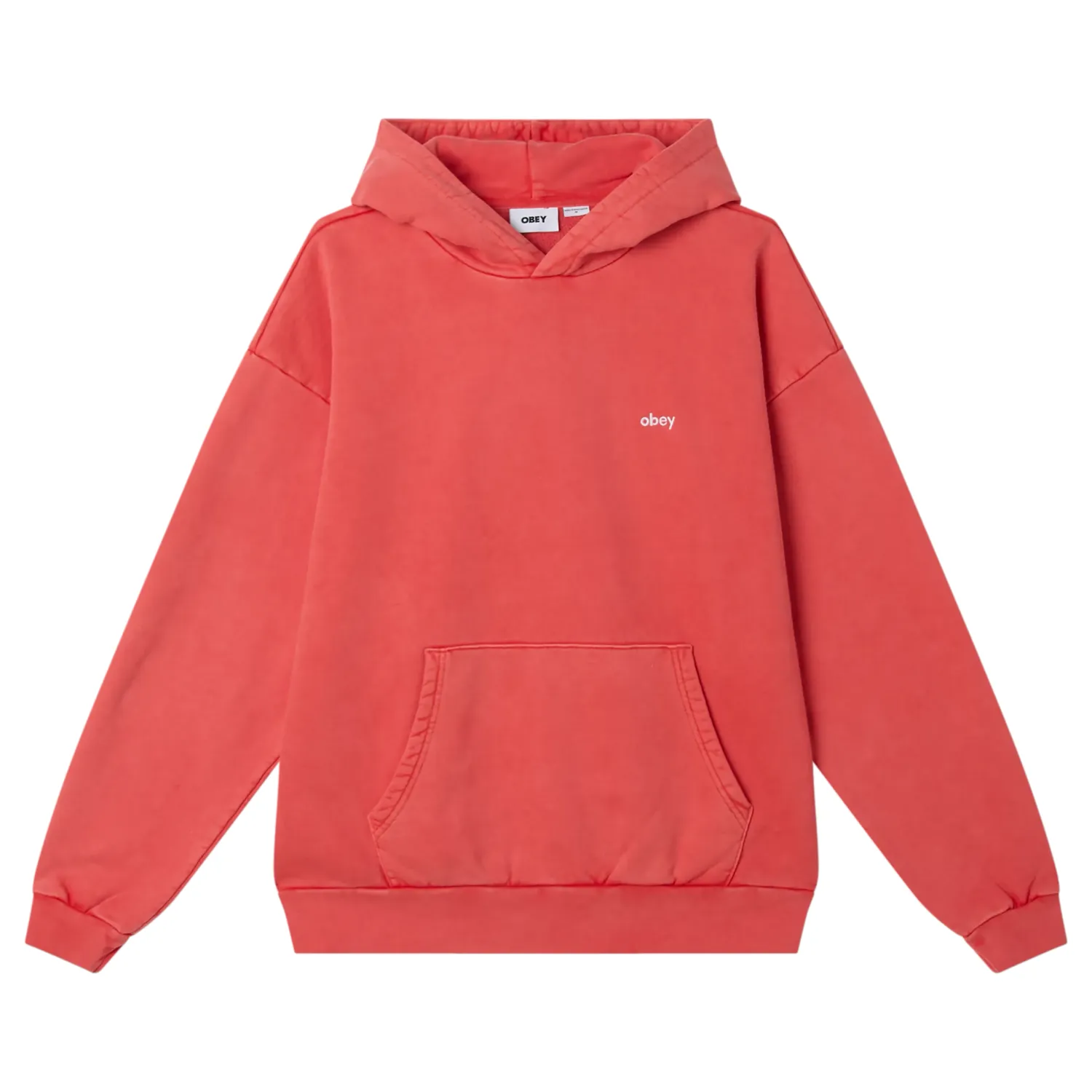 Front View Of OBEY Lower Case Pigment Hoodie In Fiery Red.