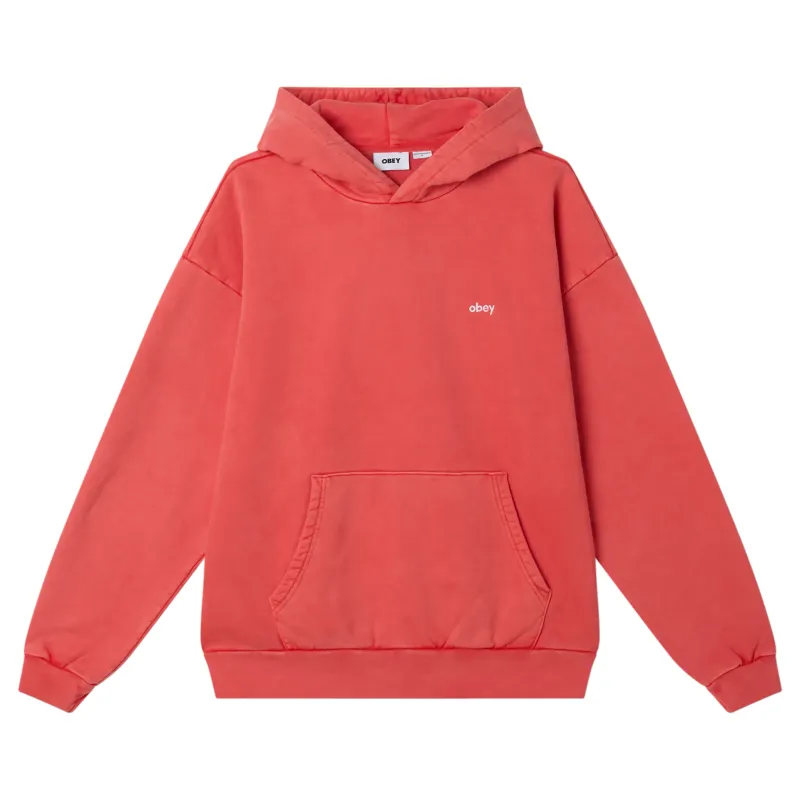 Front View Of OBEY Lower Case Pigment Hoodie In Fiery Red.