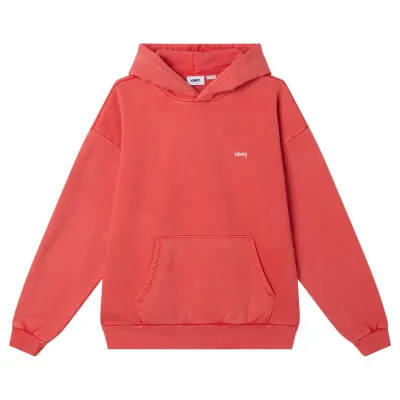 Front View Of OBEY Lower Case Pigment Hoodie In Fiery Red.