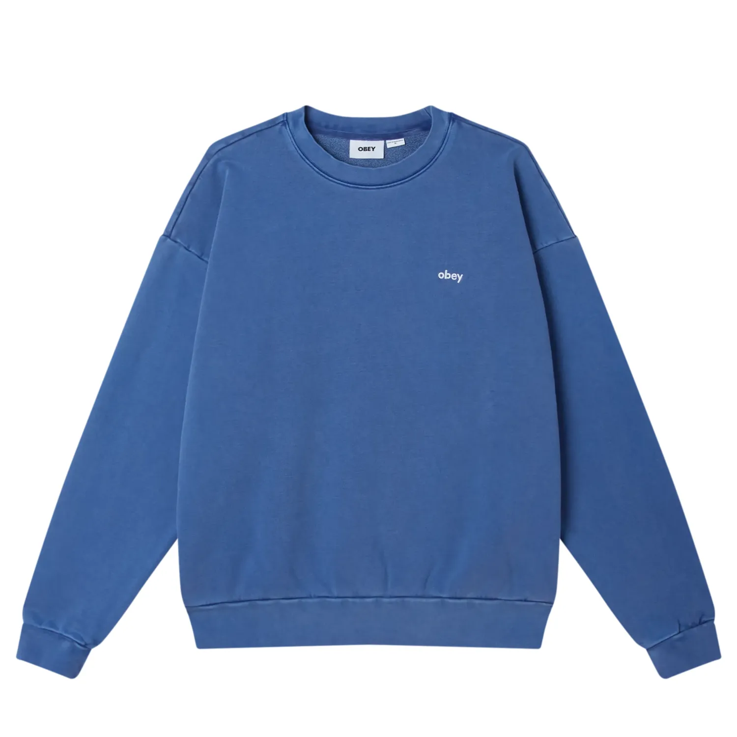 Front View Of OBEY Lowercase Pigment Crewneck In Electric Indigo.