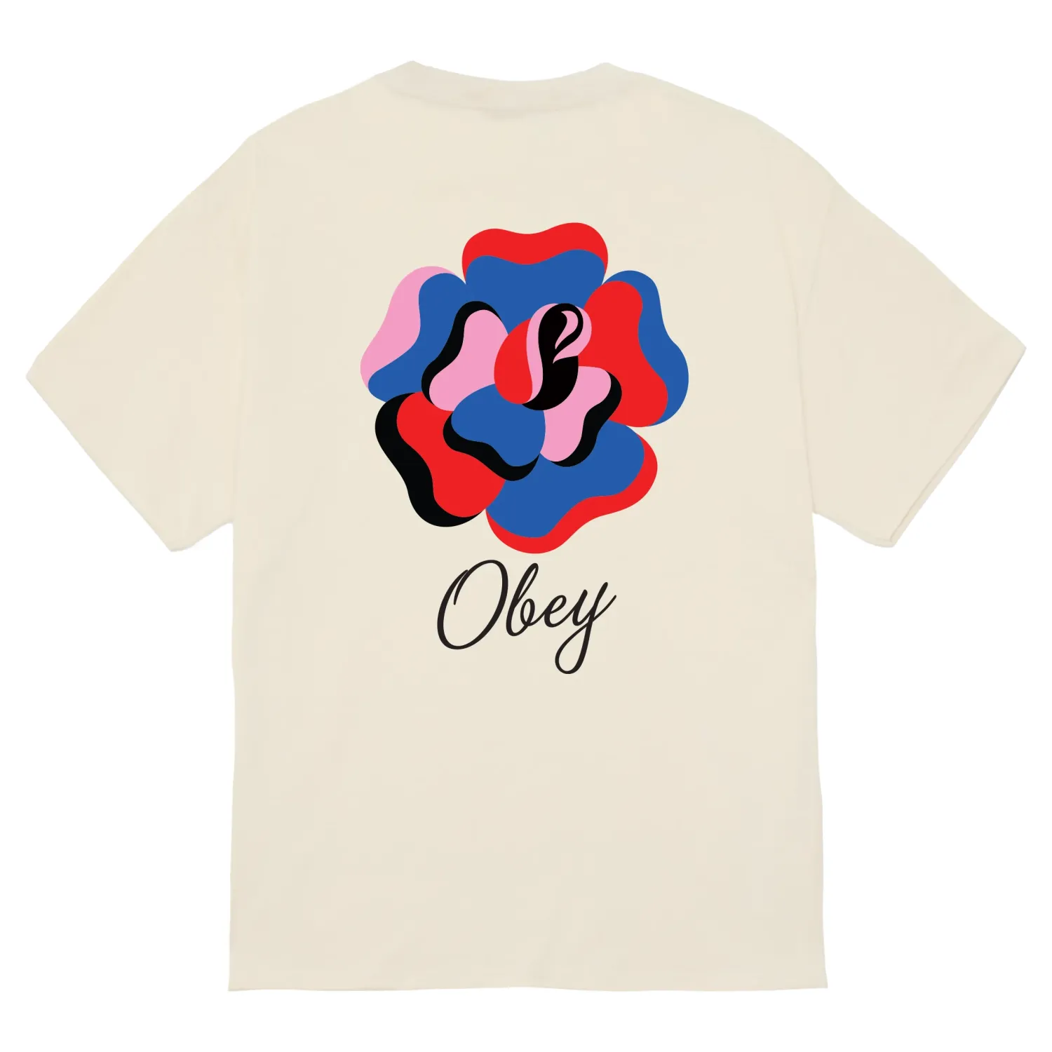 Back Graphic On OBEY Paper Rose Tee With Abstract Rose Artwork And Script Logo.