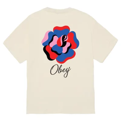 Back Graphic On OBEY Paper Rose Tee With Abstract Rose Artwork And Script Logo.