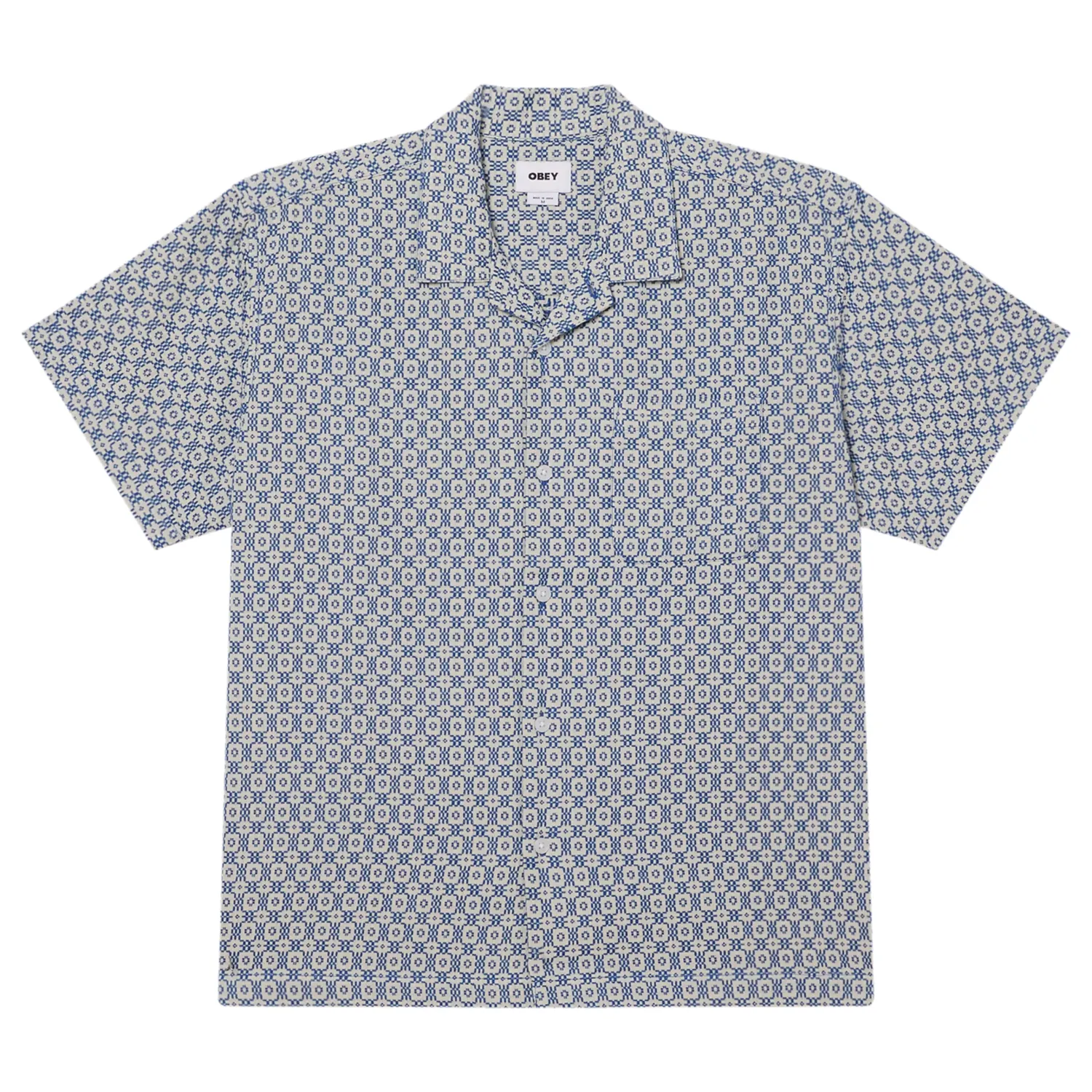 Front View Of OBEY Adrian Short Sleeve Button-Up Shirt With Allover Pattern.