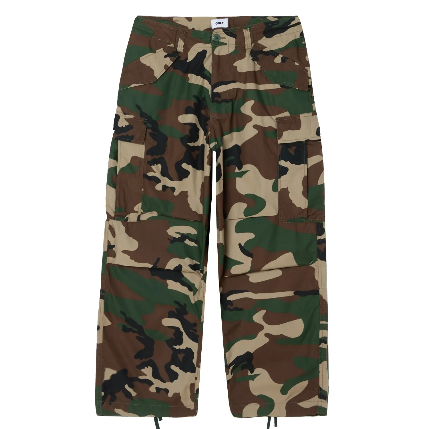 Front View Of OBEY Baggy Cargo Pant In Camo With Cargo Pockets.