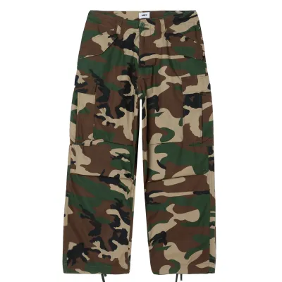 Front View Of OBEY Baggy Cargo Pant In Camo With Cargo Pockets.