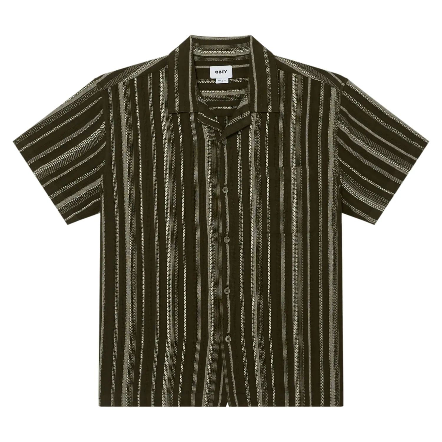 Front View Of OBEY Hugh Short Sleeve Button-Up Shirt With Vertical Stripe Pattern.