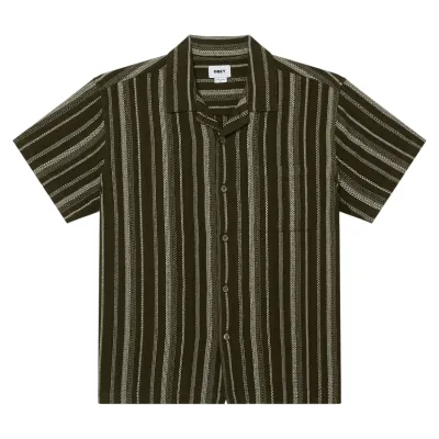 Front View Of OBEY Hugh Short Sleeve Button-Up Shirt With Vertical Stripe Pattern.