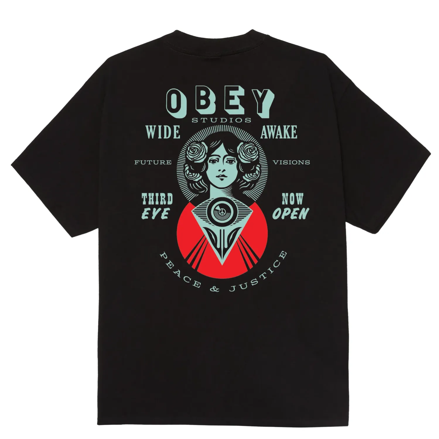 Back Graphic On OBEY Make Art Third Eye Tee With Third Eye Artwork And Text Design.
