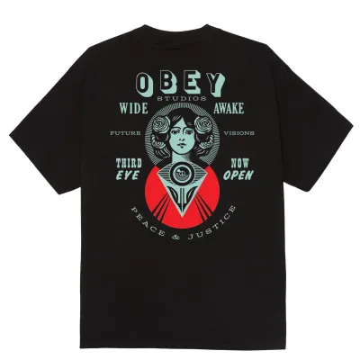Back Graphic On OBEY Make Art Third Eye Tee With Third Eye Artwork And Text Design.