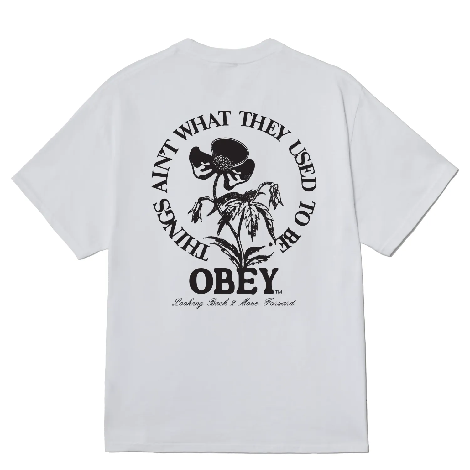 back Graphic On OBEY Move Forward Tee Featuring Floral Artwork And Circular Text Design.