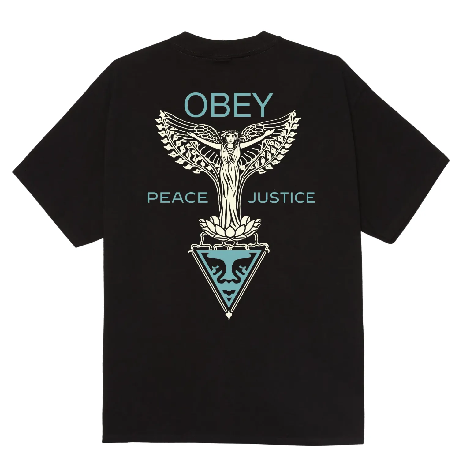 Back Graphic On OBEY Nouveu Angel Tee With Angel Artwork And “Peace Justice” Text.