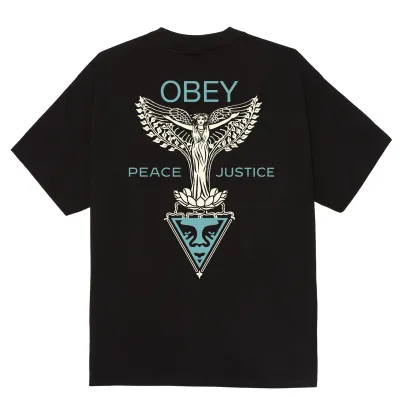 Back Graphic On OBEY Nouveu Angel Tee With Angel Artwork And “Peace Justice” Text.