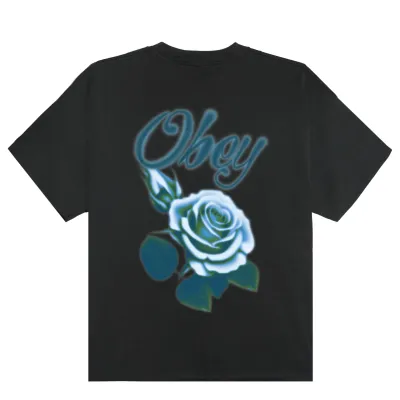 Back Graphic On OBEY Airbrushed Rose Tee Featuring Airbrushed Rose Artwork And Script Logo.