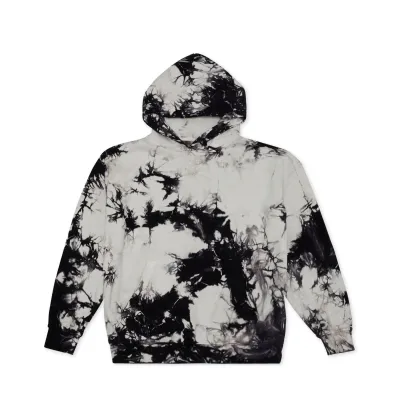 Front View Of Cotton Collective Special Hoodie In Black And White Tie Dye Pattern With Kangaroo Pocket.