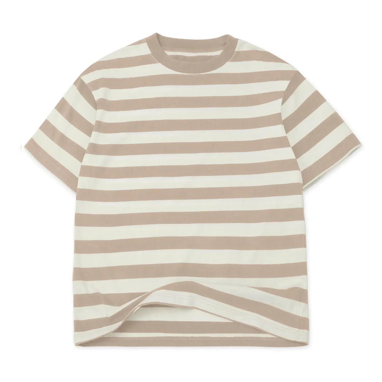 Front View Of Cotton Collective Oversized Box Tee In Tan And White Horizontal Stripe Pattern.