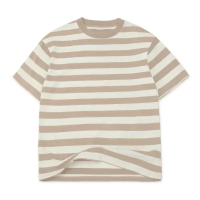 Front View Of Cotton Collective Oversized Box Tee In Tan And White Horizontal Stripe Pattern.