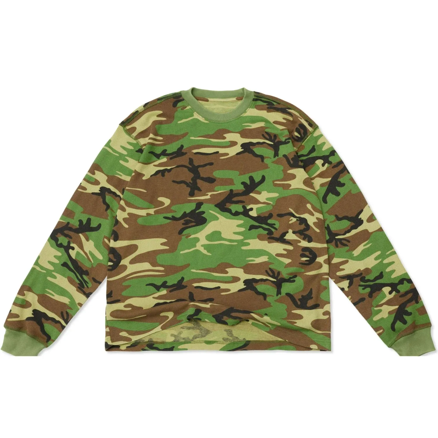 Front View Of Cotton Collective Waffle Long Sleeve Tee In Vintage Camo Pattern.