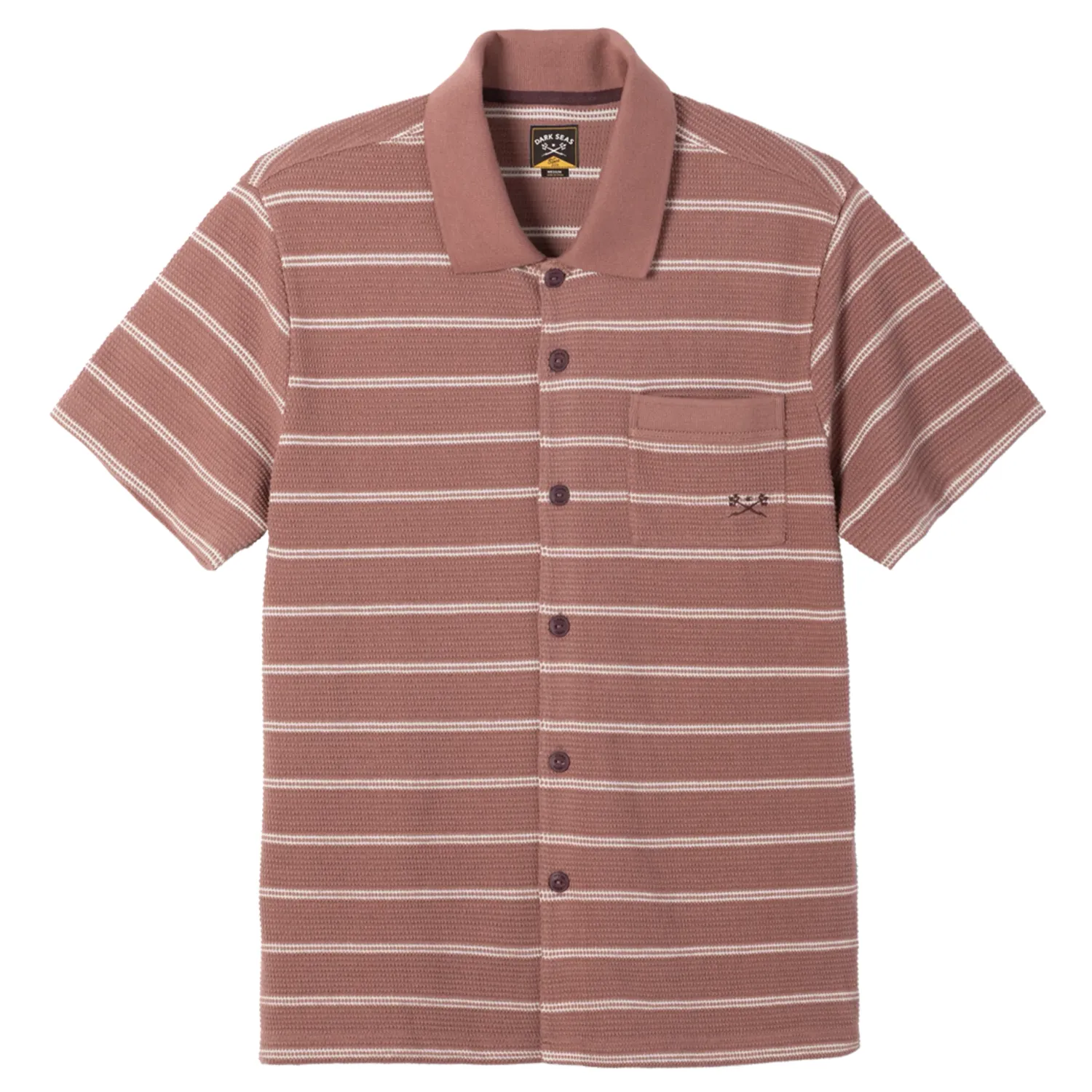 Front View Of Dark Seas Shayne Polo In Taupe With Button Placket, Chest Pocket, And Striped Knit Design.