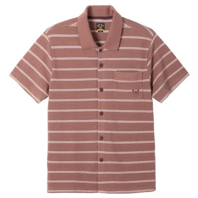 Front View Of Dark Seas Shayne Polo In Taupe With Button Placket, Chest Pocket, And Striped Knit Design.