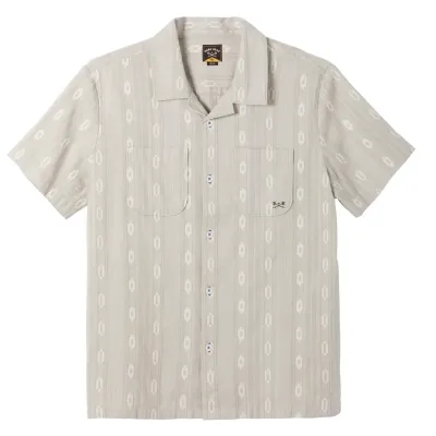 Front View Of Dark Seas Breezy Shirt In Moss With Button Front, Dual Chest Pockets, And Subtle Patterned Fabric.