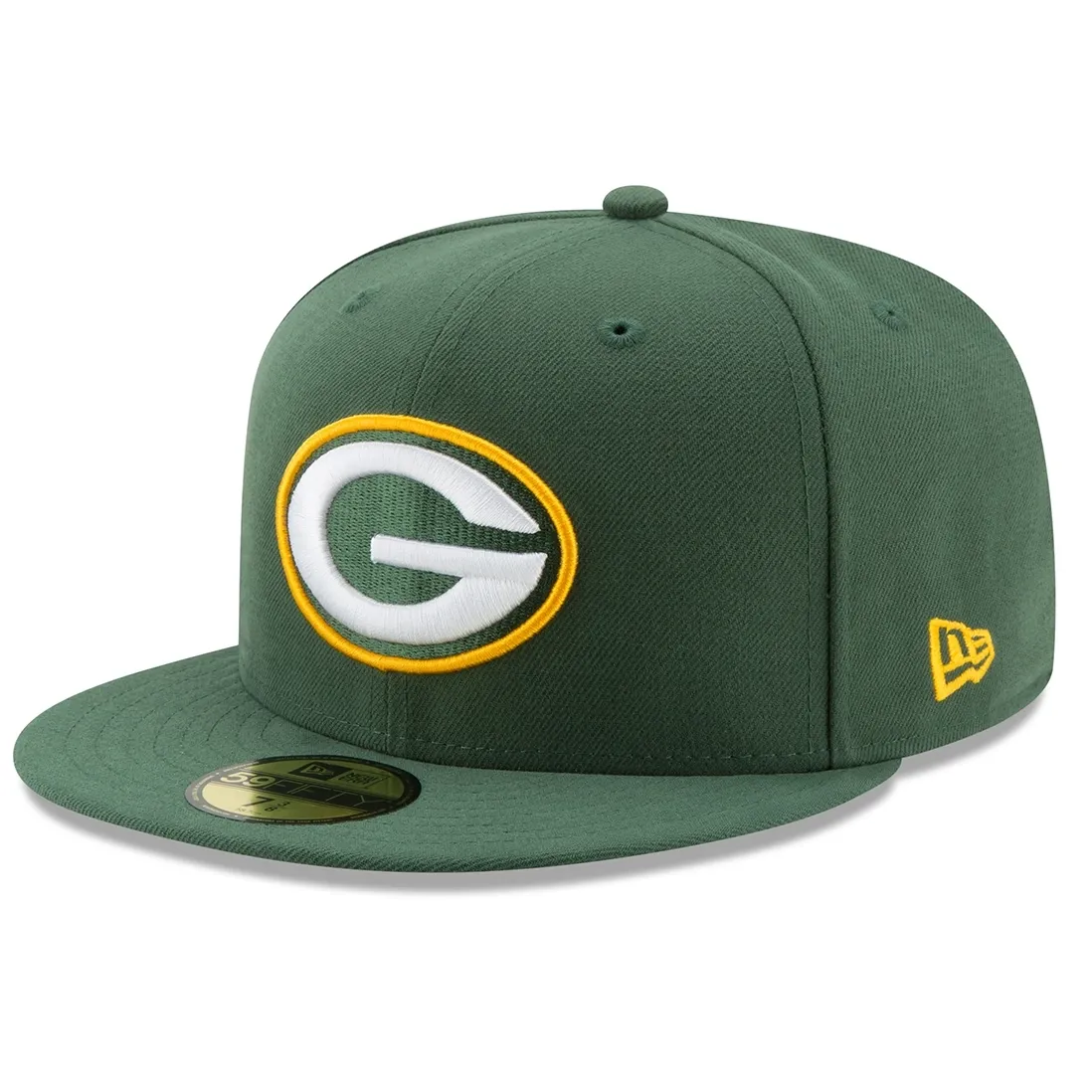 Green Bay Packers New Era 59FIFTY fitted hat in green with raised white and gold Packers “G” logo.