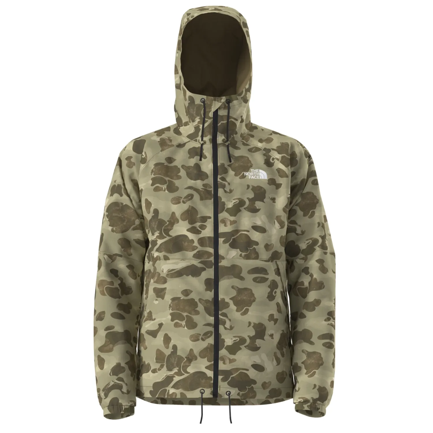 Front View Of The North Face Antora Rain Hoodie In Cedar Heritage Camo Print With Full Zip And Adjustable Hood.
