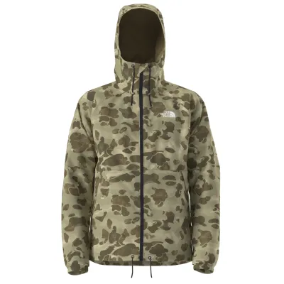 Front View Of The North Face Antora Rain Hoodie In Cedar Heritage Camo Print With Full Zip And Adjustable Hood.