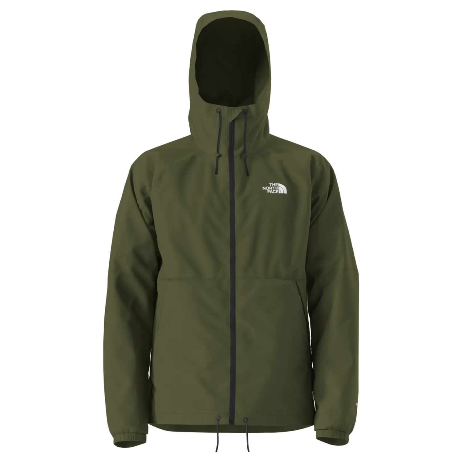 Front Studio View Of The North Face Antora Rain Hoodie In Woodland Green With Adjustable Hood And Hem.