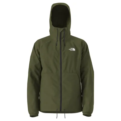 Front Studio View Of The North Face Antora Rain Hoodie In Woodland Green With Adjustable Hood And Hem.