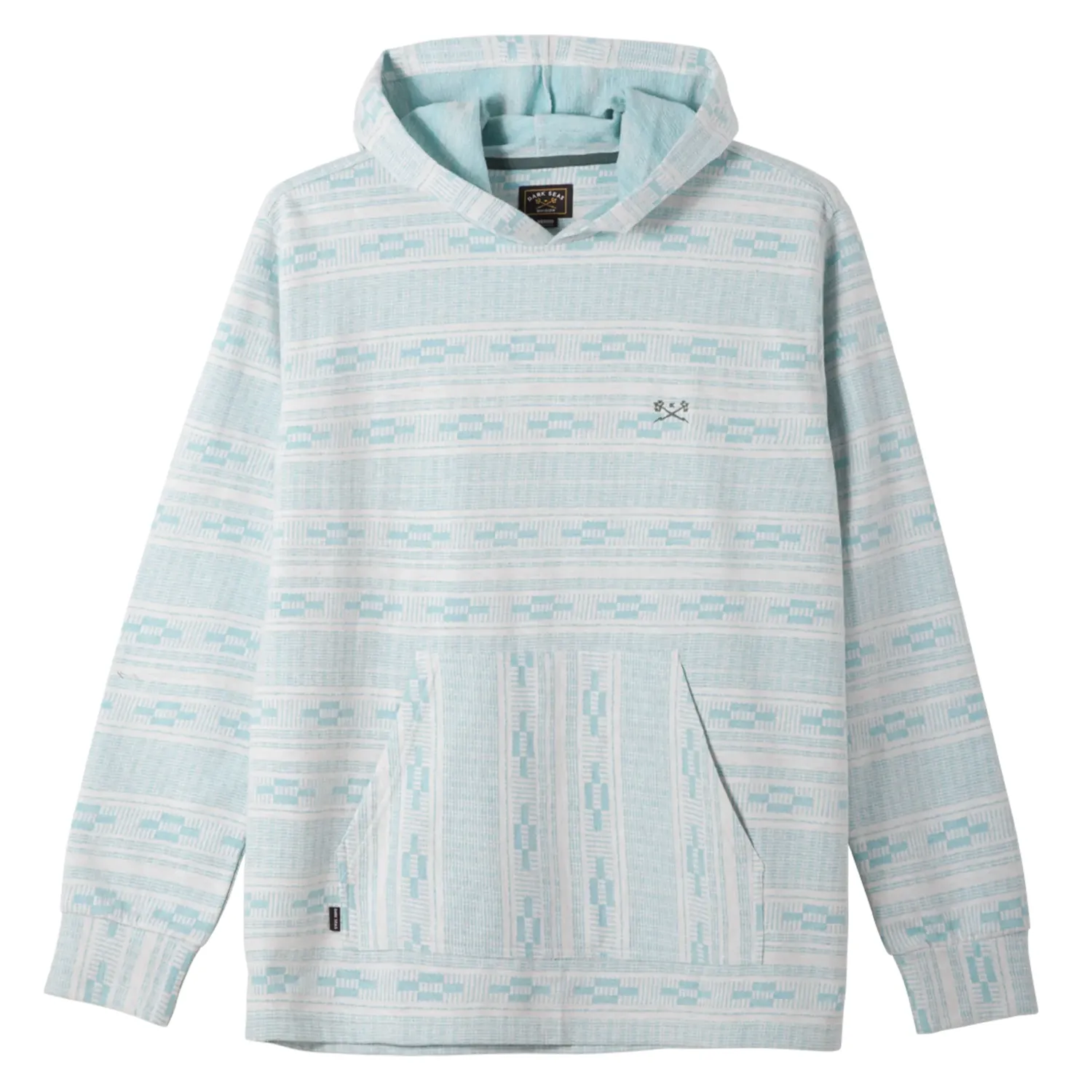 Front View Of Dark Seas Ginther Knit Hoodie In White And Blue With Hood And Front Pocket.