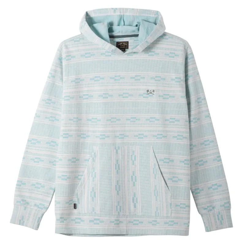 Front View Of Dark Seas Ginther Knit Hoodie In White And Blue With Hood And Front Pocket.
