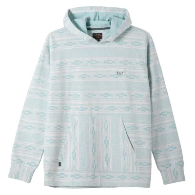 Front View Of Dark Seas Ginther Knit Hoodie In White And Blue With Hood And Front Pocket.