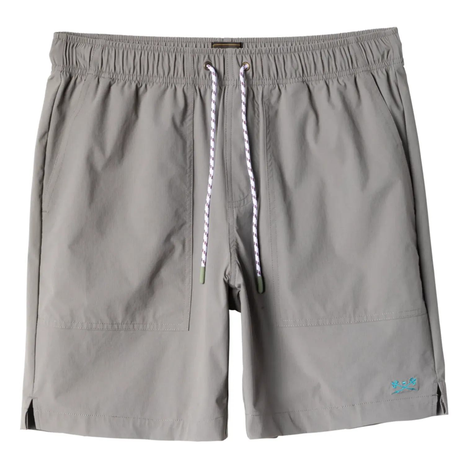 Front View Of Dark Seas Warwick Camp Shorts In Grey With Elastic Drawstring Waist And Side Pockets.
