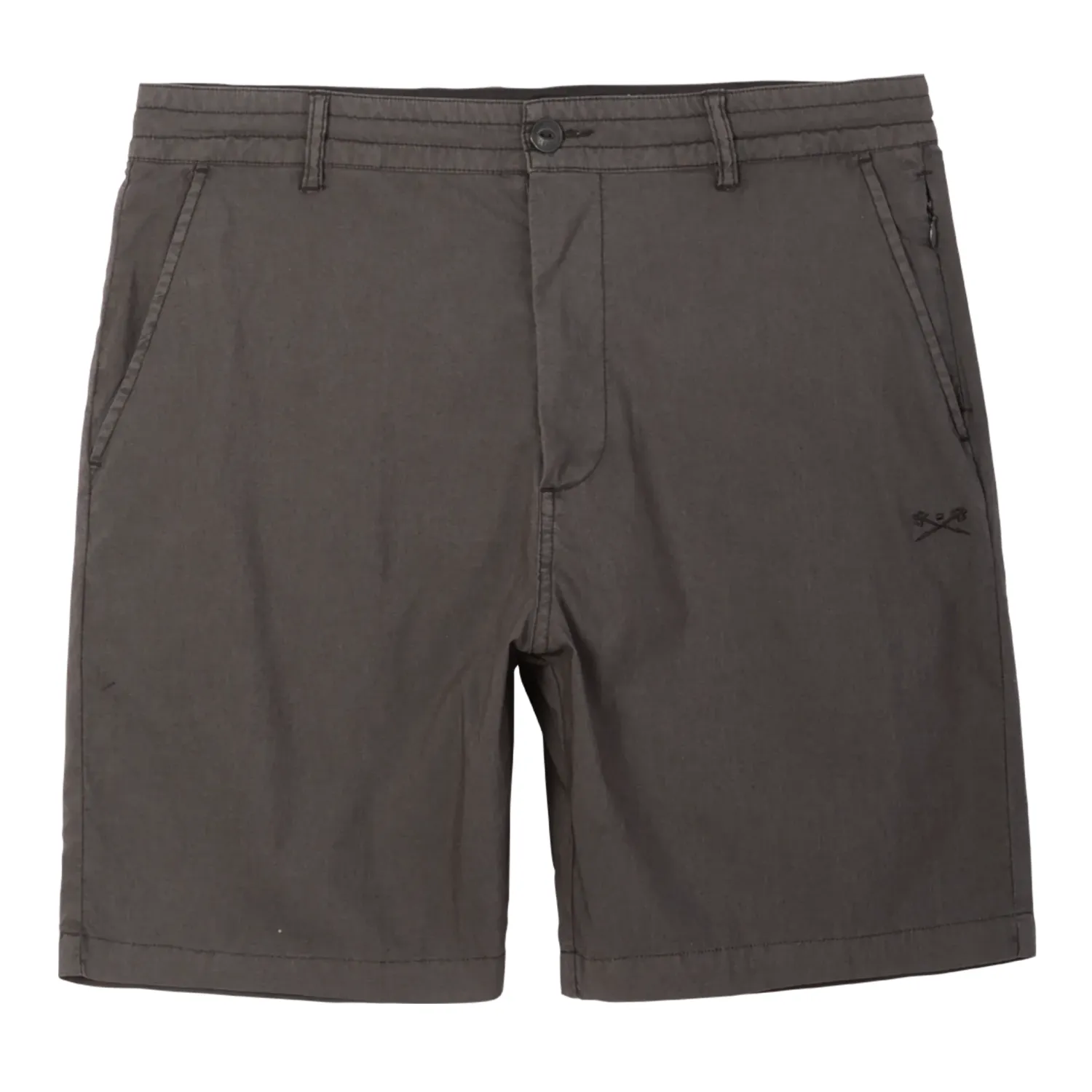 Front View Of Dark Seas Hydrochino Short In Black With Clean Chino Style And Side Zipper Pocket.