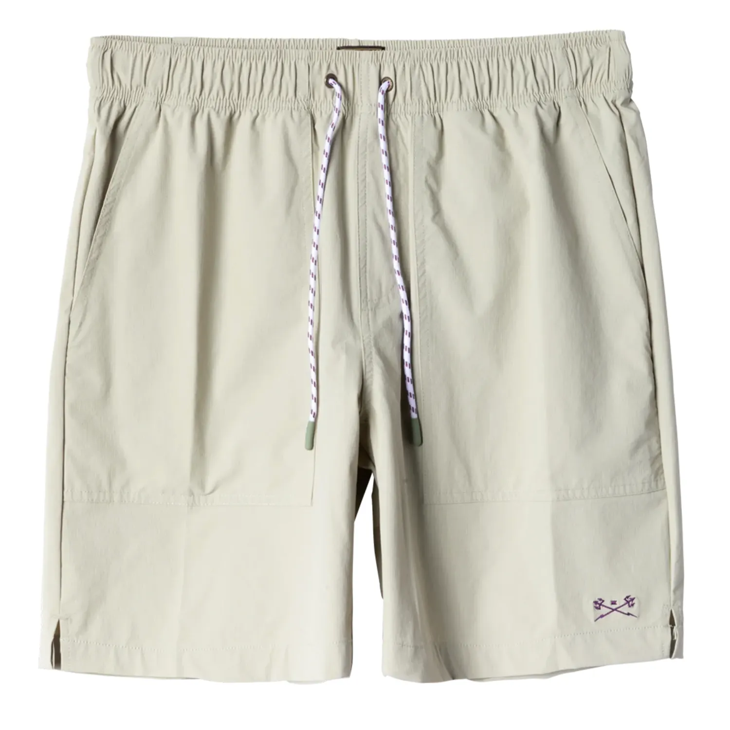 Front View Of Dark Seas Warwick Camp Shorts In Moss With Elastic Drawstring Waist And Side Pockets.