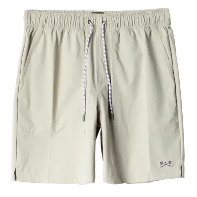 Front View Of Dark Seas Warwick Camp Shorts In Moss With Elastic Drawstring Waist And Side Pockets.