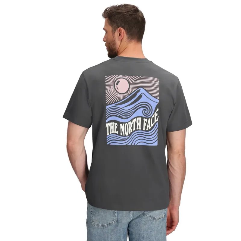 Back View Of The North Face Mountain Escape Relaxed Tee In Anthracite Grey With Large Mountain And Wave Graphic And The North