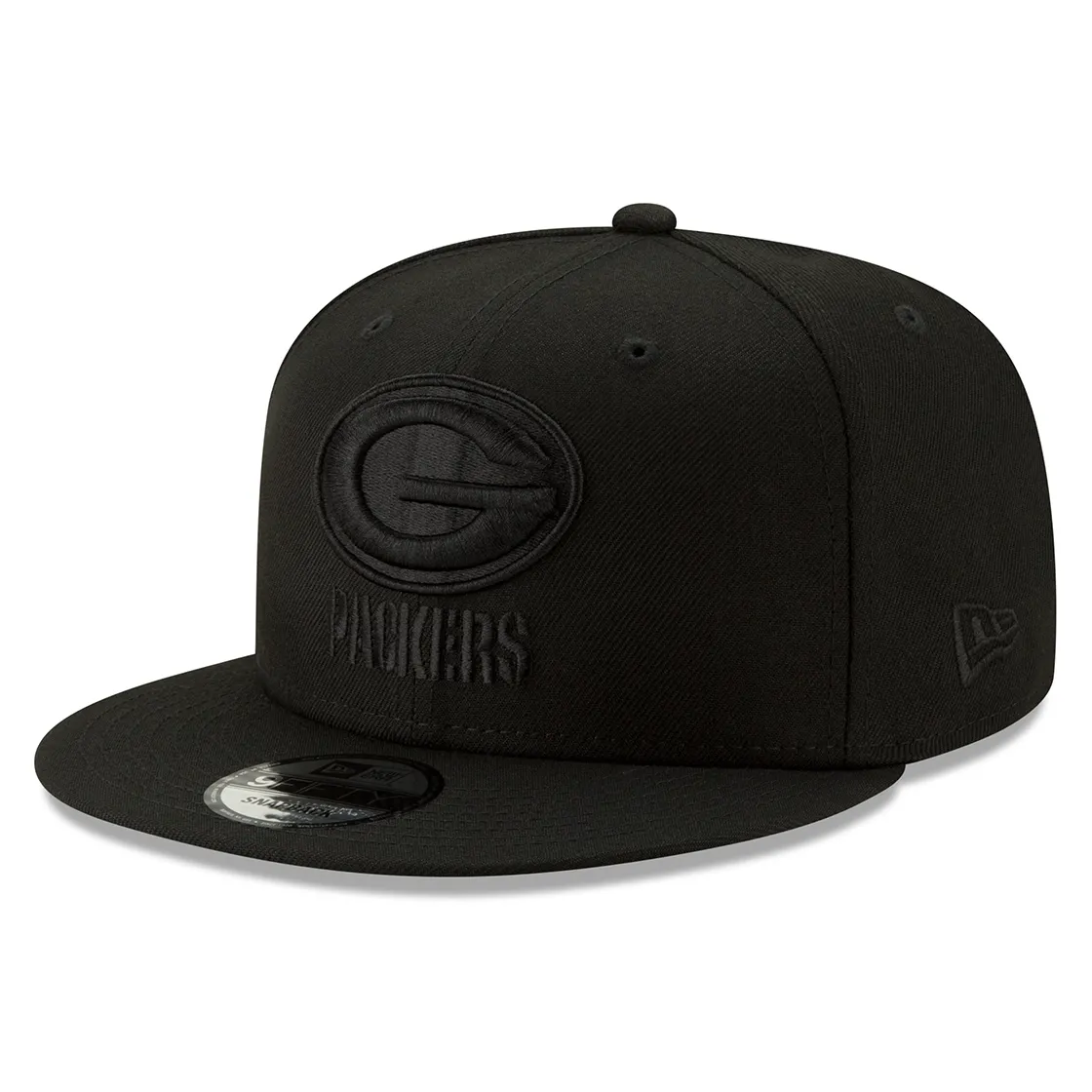 Green Bay Packers New Era 9FIFTY snapback hat in black with tonal black Packers “G” logo.