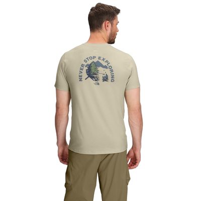 Back View Of The North Face Adventure Campfire Tee In Desert Stone With Never Stop Exploring Campfire Graphic.