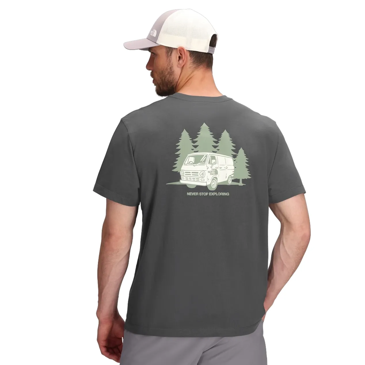 Back View Of The North Face Van Life Relaxed Tee In Anthracite Grey With Van And Pine Tree Graphic And Never Stop Exploring T