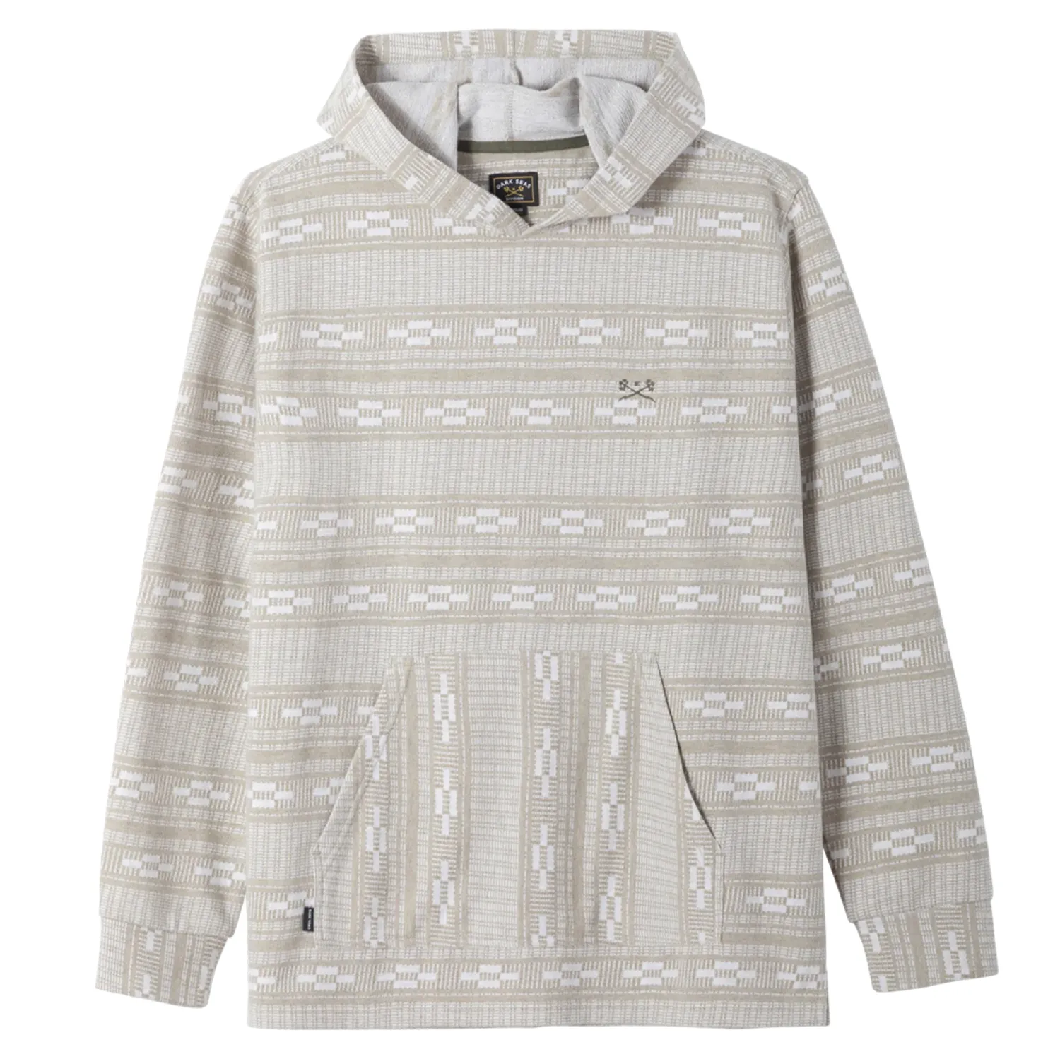 Front View Of Dark Seas Ginther Knit Hoodie In Moss And White With Hood And Front Pocket.