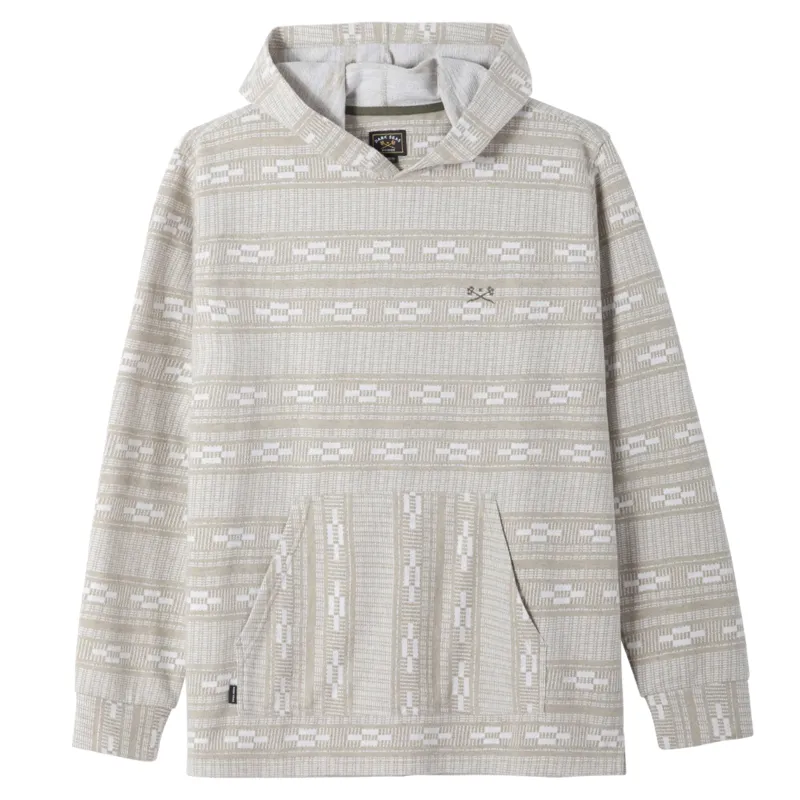 Front View Of Dark Seas Ginther Knit Hoodie In Moss And White With Hood And Front Pocket.