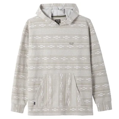 Front View Of Dark Seas Ginther Knit Hoodie In Moss And White With Hood And Front Pocket.