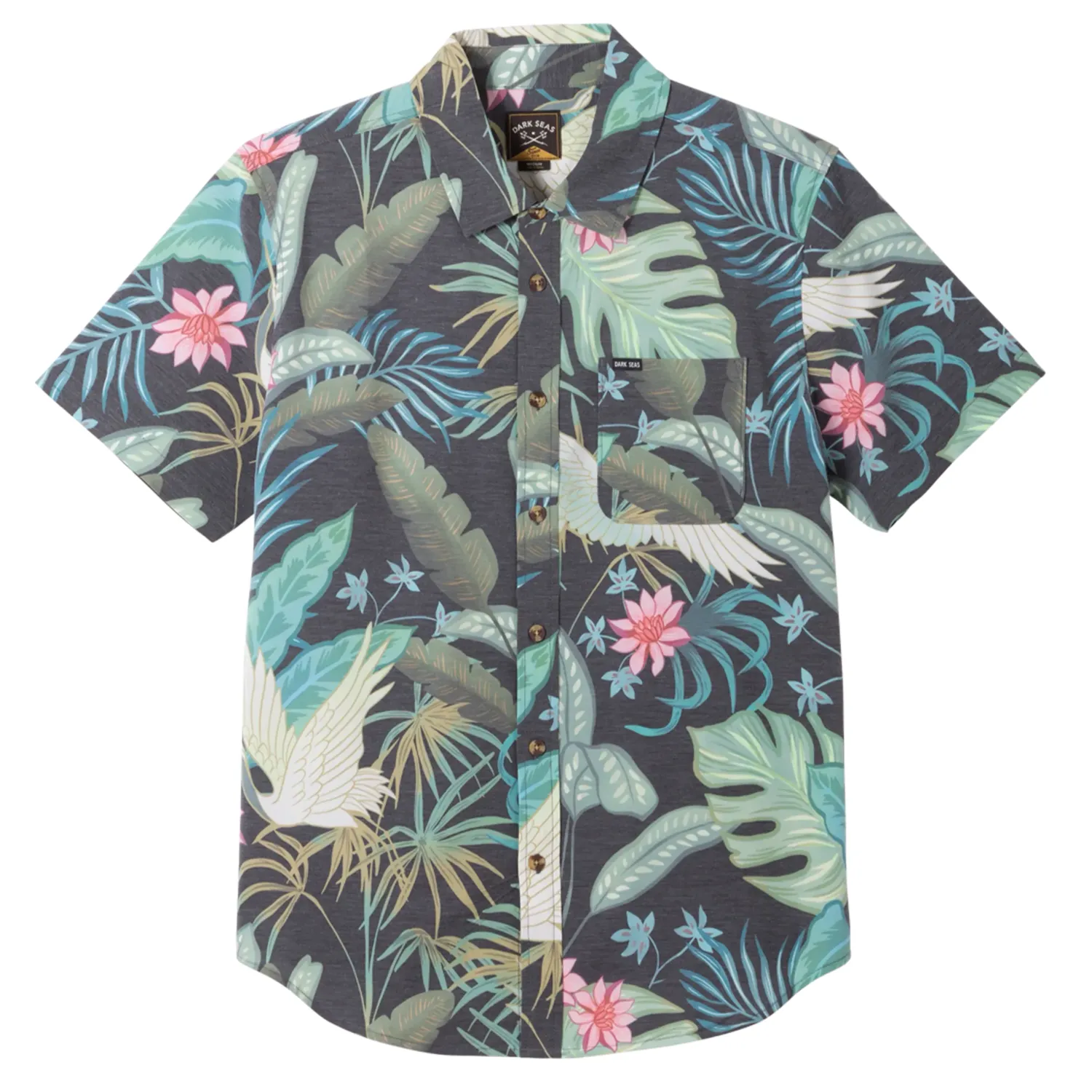Front View Of Dark Seas Terra Vista Shirt In Black With Button Front, Chest Pocket, And Vibrant Tropical Pattern.