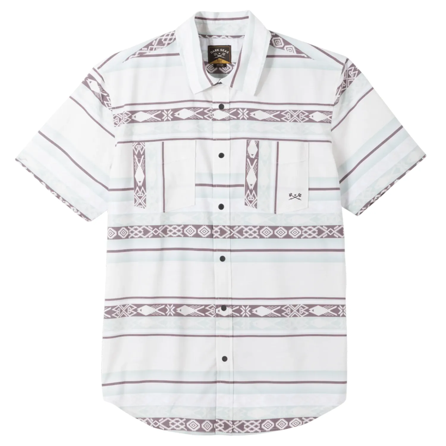 Front View Of Dark Seas Roadrunner Shirt In Off White With Snap Button Closure And Dual Chest Pockets.