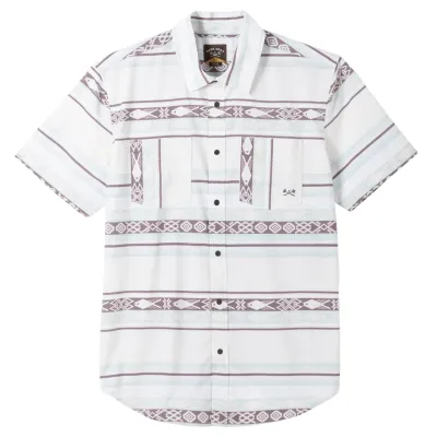 Front View Of Dark Seas Roadrunner Shirt In Off White With Snap Button Closure And Dual Chest Pockets.