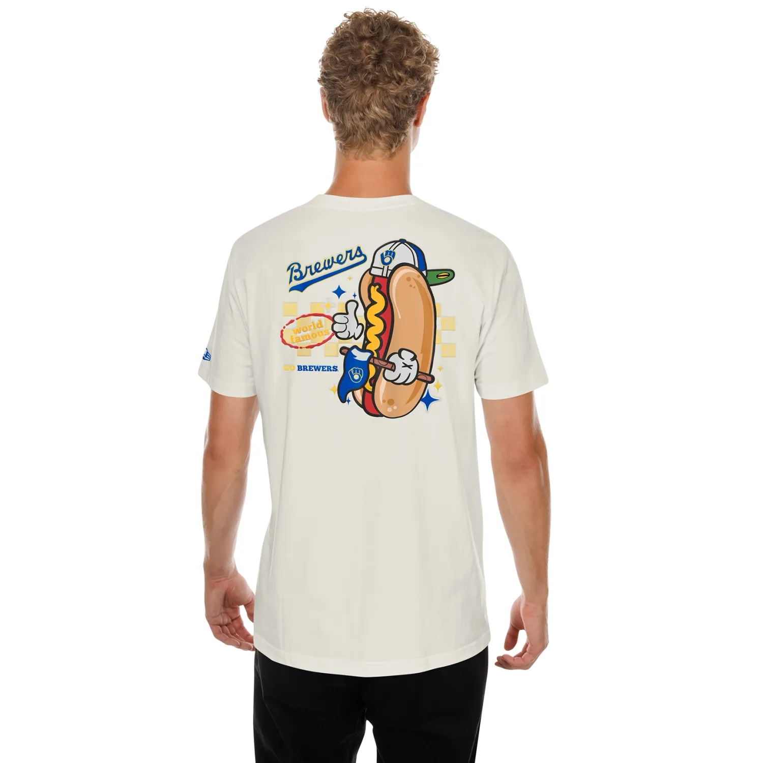 Back view of Brewers World Famous t-shirt with large hot dog mascot graphic and retro Brewers text.
